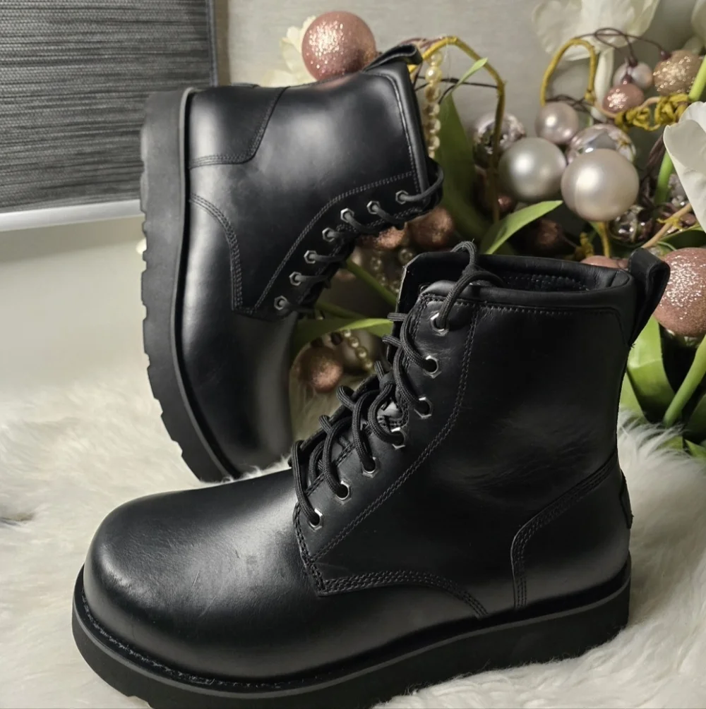 UGG CASON WATERPROOF BLACK LEATHER/ WOOL WINTER BOOTS, MEN shoesSzie9.5
